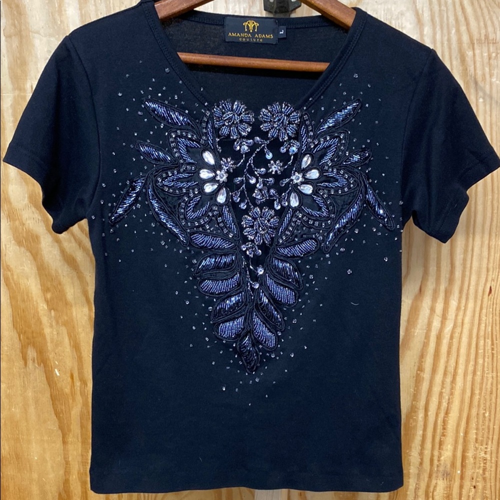 Amanda Adams size L black beaded T-shirt